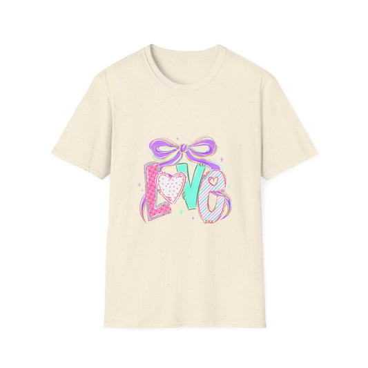 Love Bow Graphic T-Shirt β Pastel Heart & Ribbon Valentine Tee